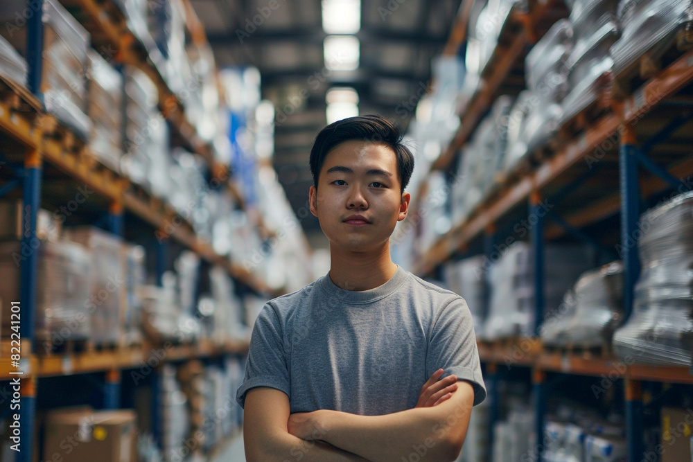 Studio shot of determined young Asian entrepreneur coordinating warehouse activities, highlighting leadership and teamwork in optimizing workflow processes. Studio shot of determined young Asian entrepreneur coordinating warehouse activities, highlighting leadership and teamwork in optimizing workflow processes.