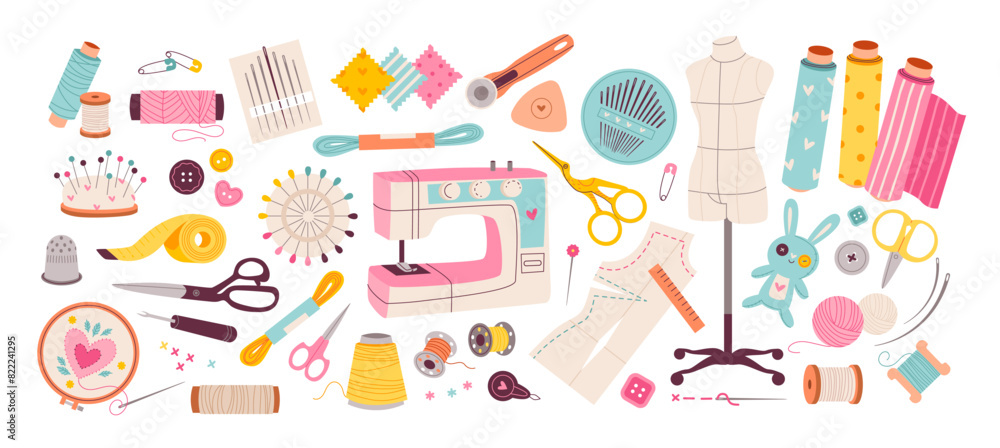 Sewing and embroidery collection. Sewing machine, threads and needles for needlework. Vector illustrations of sewing tools, equipment and accessories
Sewing and embroidery collection. Sewing machine, threads and needles for needlework. Vector illustrations of sewing tools, equipment and accessories