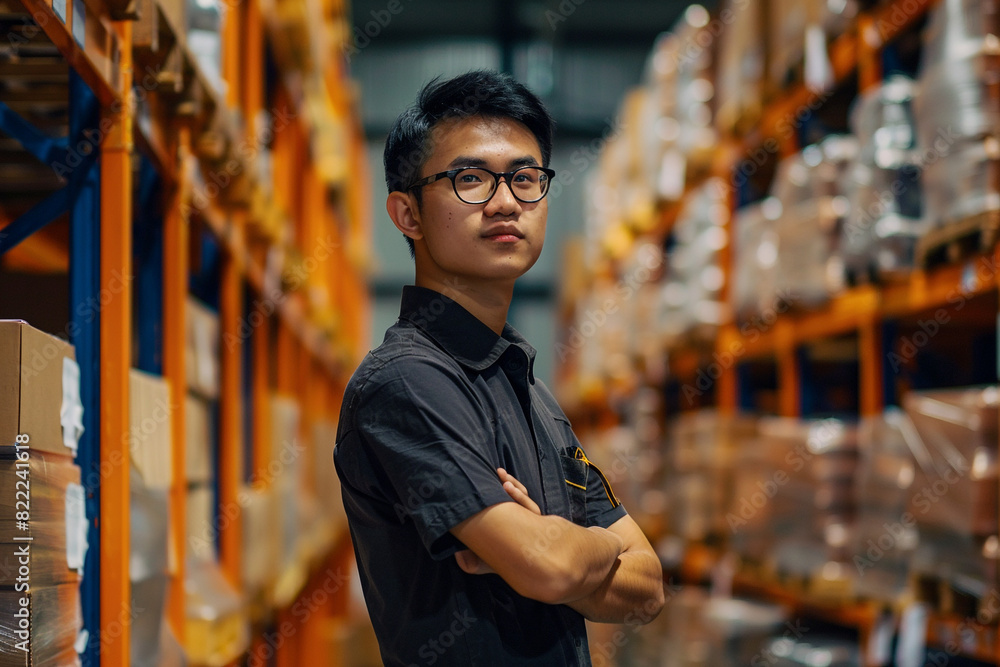 Fototapeta premium Studio shot of determined young Asian entrepreneur coordinating warehouse activities, highlighting leadership and teamwork in optimizing workflow processes.
