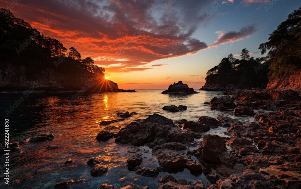 The sun sets over a rocky beach, casting warm light on the rugged landscape The sun sets over a rocky beach, casting warm light on the rugged landscape