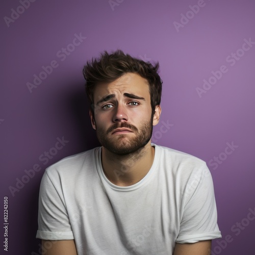 Lavender background sad european white man realistic person portrait of young beautiful bad mood expression man Isolated on Background depression anxiety  © Zickert
