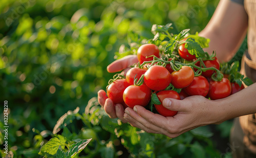 fresh tomato is being harvested. A farmer's hands