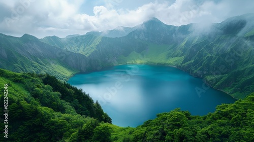 Changbai Mountain in Jilin  volcanic crater lake  dense forest  scenic beauty 