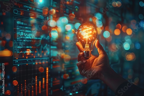 A hand holds a glowing lightbulb against a backdrop of colorful data visualizations. The bulb represents a bright idea or innovation. photo