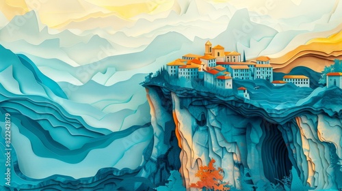 Create an abstract painting of a village on a cliff