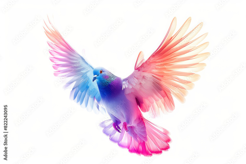 Obraz premium A vibrant dove with colorful wings in flight, isolated on a white background.