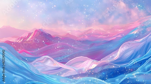 Surreal pink and blue landscape with starry sky and majestic mountains