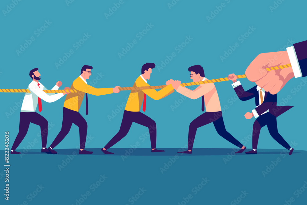 Male Employees Engage in Tug-of-War with Giant Boss Hand, Symbolizing Power Struggle and Competition in Business