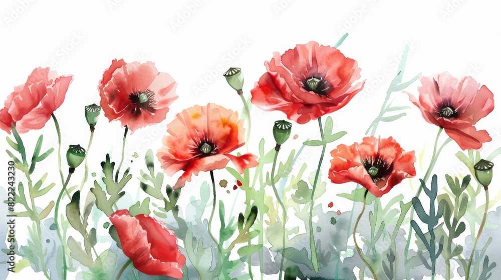 Vibrant watercolor poppies in lush greenery scene Vibrant watercolor poppies in lush greenery scene