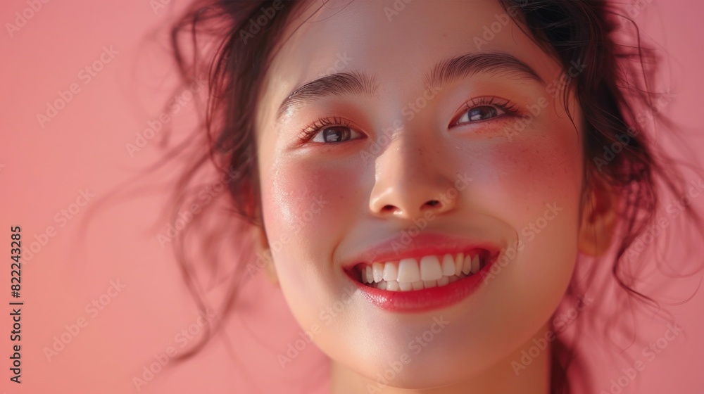 Radiant Korean Woman Celebrating a Joyful Skincare Routine in a Pink Toned Studio Setting Radiant Korean Woman Celebrating a Joyful Skincare Routine in a Pink Toned Studio Setting