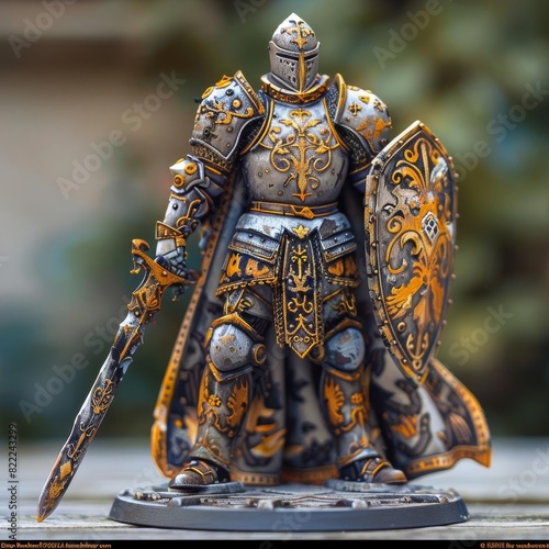 Depict a miniature of a heroic knight in shining armor, with intricate details and vibrant colors, ready for battle