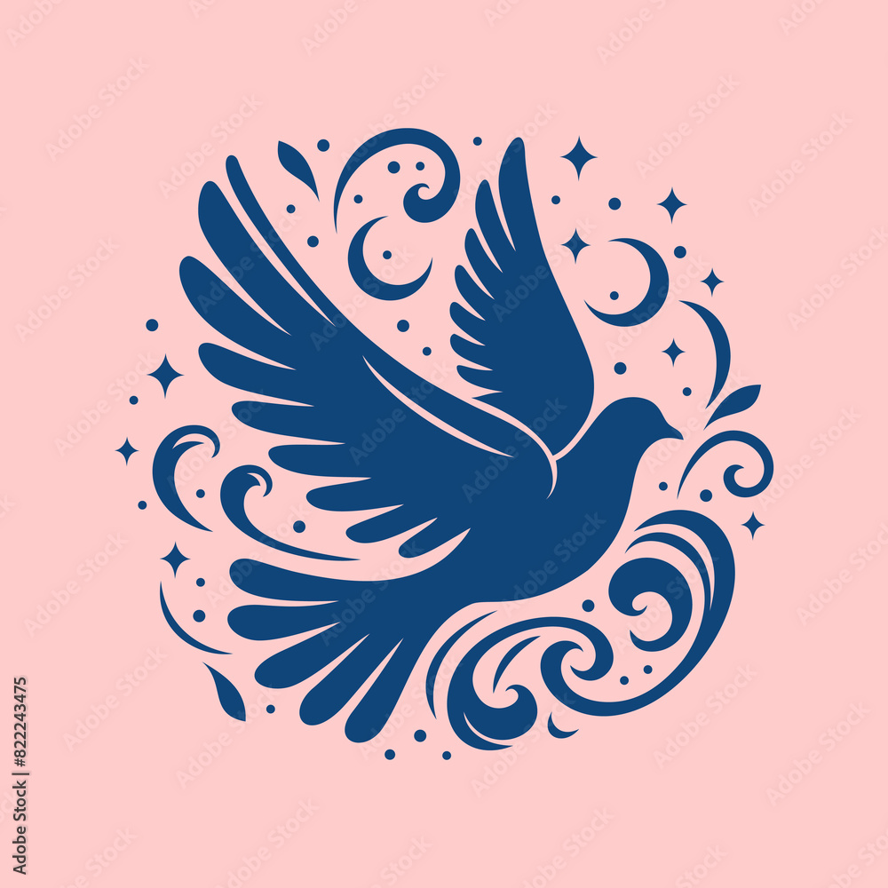 Emblem with the silhouette of a dove of peace on a pink background. Vector illustration Emblem with the silhouette of a dove of peace on a pink background. Vector illustration
