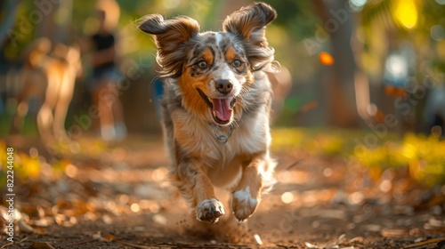 dog agility training, an indigenous dog agility coach leads an australian shepherd through obstacles, cheered on by a diverse crowd in a sunny outdoor arena