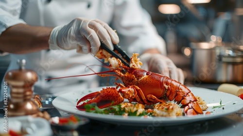 Chef in a Professional Kitchen Preparing a Lobster Dish with Focus on Hands and Culinary Tools, Emphasizing Artistry and Precision of Gourmet Cooking