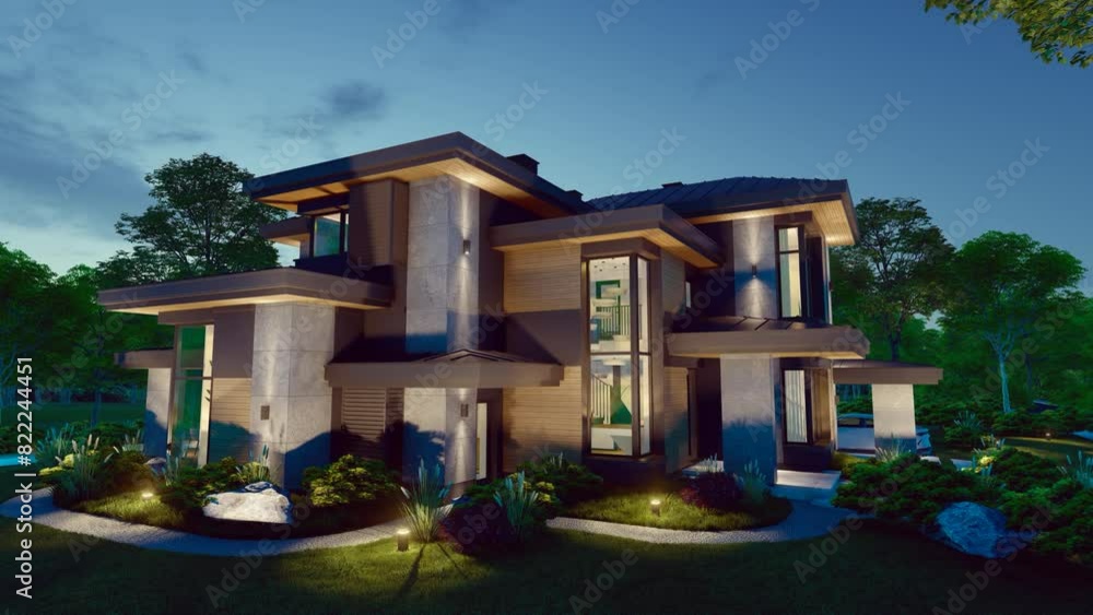 4K video rendering of modern two story house with gray and wood accents, large windows for sale or rent in luxurious style and beautiful landscaping on background. Starlight Night 4K video rendering of modern two story house with gray and wood accents, large windows for sale or rent in luxurious style and beautiful landscaping on background. Starlight Night