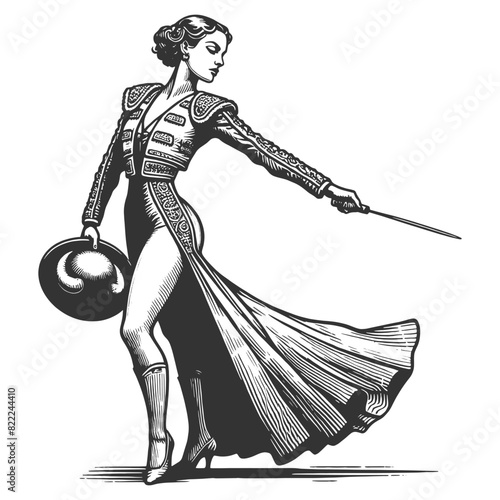 Matador Bullfighter Spanish woman in traditional attire beauty sketch engraving generative ai fictional character vector illustration. Scratch board imitation. Black and white image.