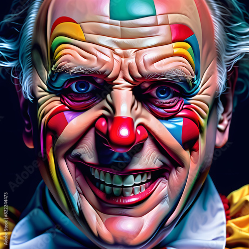 Colorful portrait of an old, diabolically smiling clown