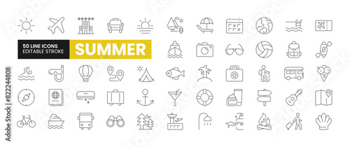 Set of 50 Summer or Summer Vacation line icons set. Summer outline icons with editable stroke collection. Includes Camera, Backpack, Airport, Bonefire, Fishing, and More.