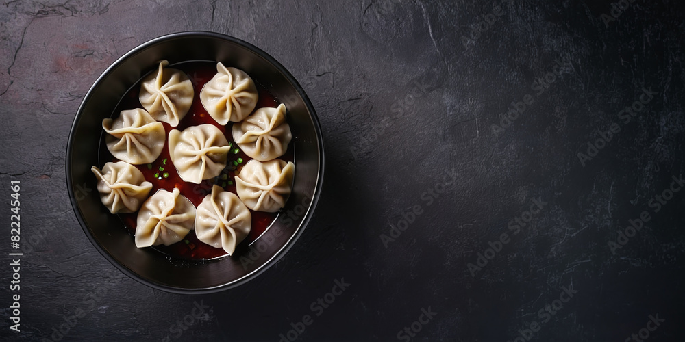 Dumplings in Plate with Broth Sauce and Seasonings, Russian and Chinese Cuisine Dumplings in Plate with Broth Sauce and Seasonings, Russian and Chinese Cuisine