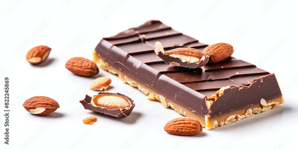 Dark Chocolate Bar with Caramel and Peanut Nuts on White Background Dark Chocolate Bar with Caramel and Peanut Nuts on White Background