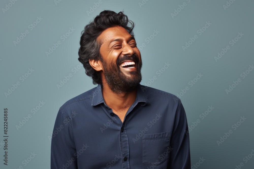 Portrait of a grinning indian man in his 30s laughing in front of blank studio backdrop Portrait of a grinning indian man in his 30s laughing in front of blank studio backdrop