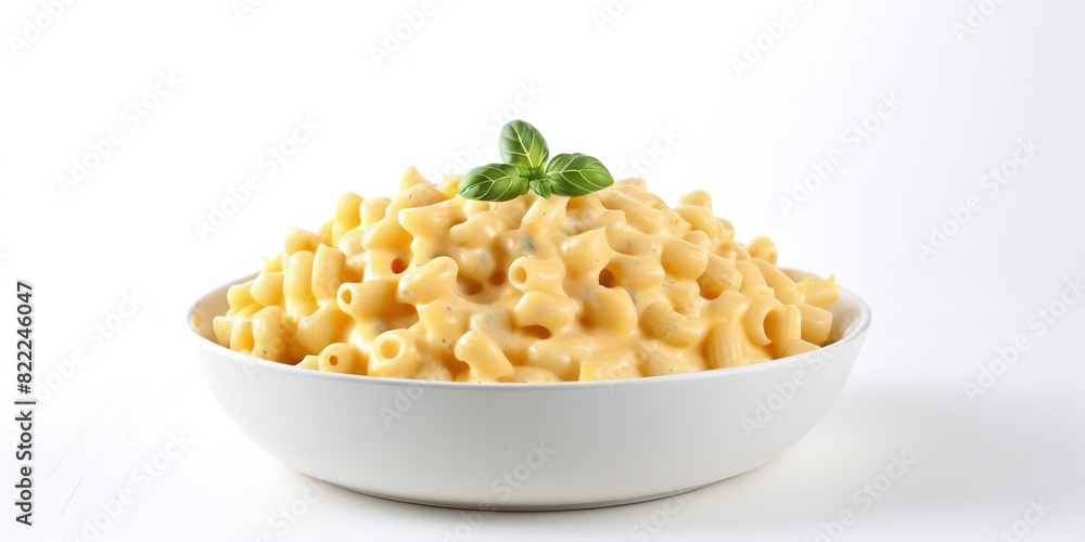 Macaroni in Cheese Sauce in White Plate on White Background Macaroni in Cheese Sauce in White Plate on White Background