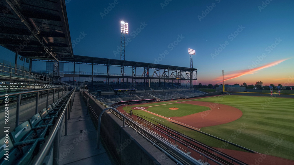 A panoramic view of an empty baseball stadium at dusk, the fading light casting soft shadows over the stands and field, extensive copy space in the twilight sky.