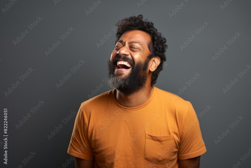 Portrait of a grinning indian man in his 30s laughing over blank studio backdrop Portrait of a grinning indian man in his 30s laughing over blank studio backdrop