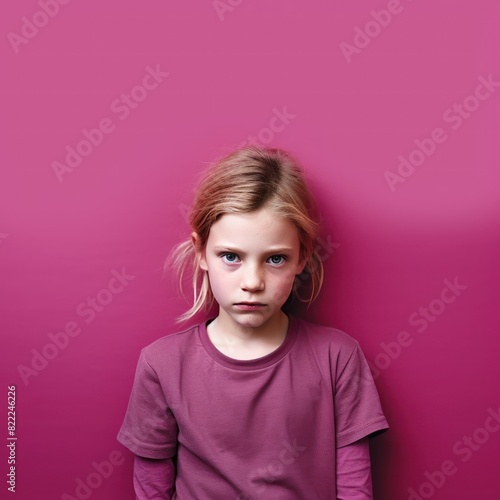 Magenta background sad European white child realistic person portrait of young beautiful bad mood expression child Isolated on Background depression anxiety © Zickert