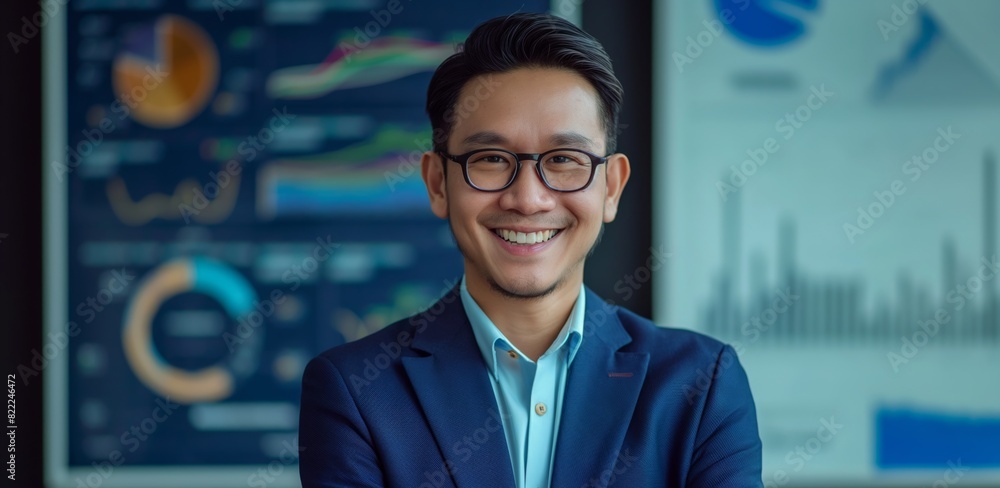 Smiling Asian Analyst in Front of Data Screens Smiling Asian Analyst in Front of Data Screens