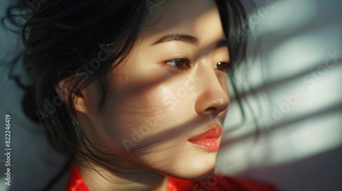 Captivating Korean Woman with Sculpted Features Highlighted by Dramatic Light and Shadow