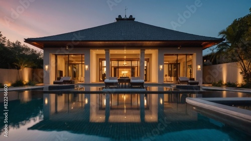 Luxurious villa with swimming pool at dusk