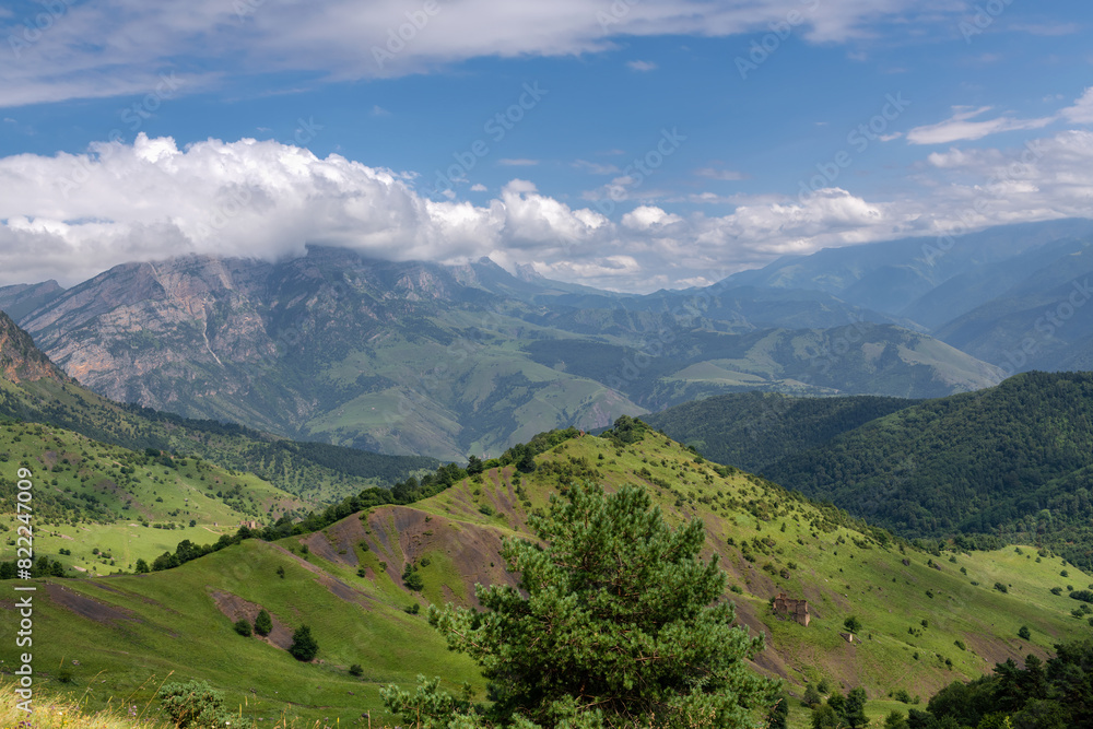 Obraz premium The Tsech-Kyongi Khyokhash tract. View of the Caucasus Mountains in Ingushetia, Russia
