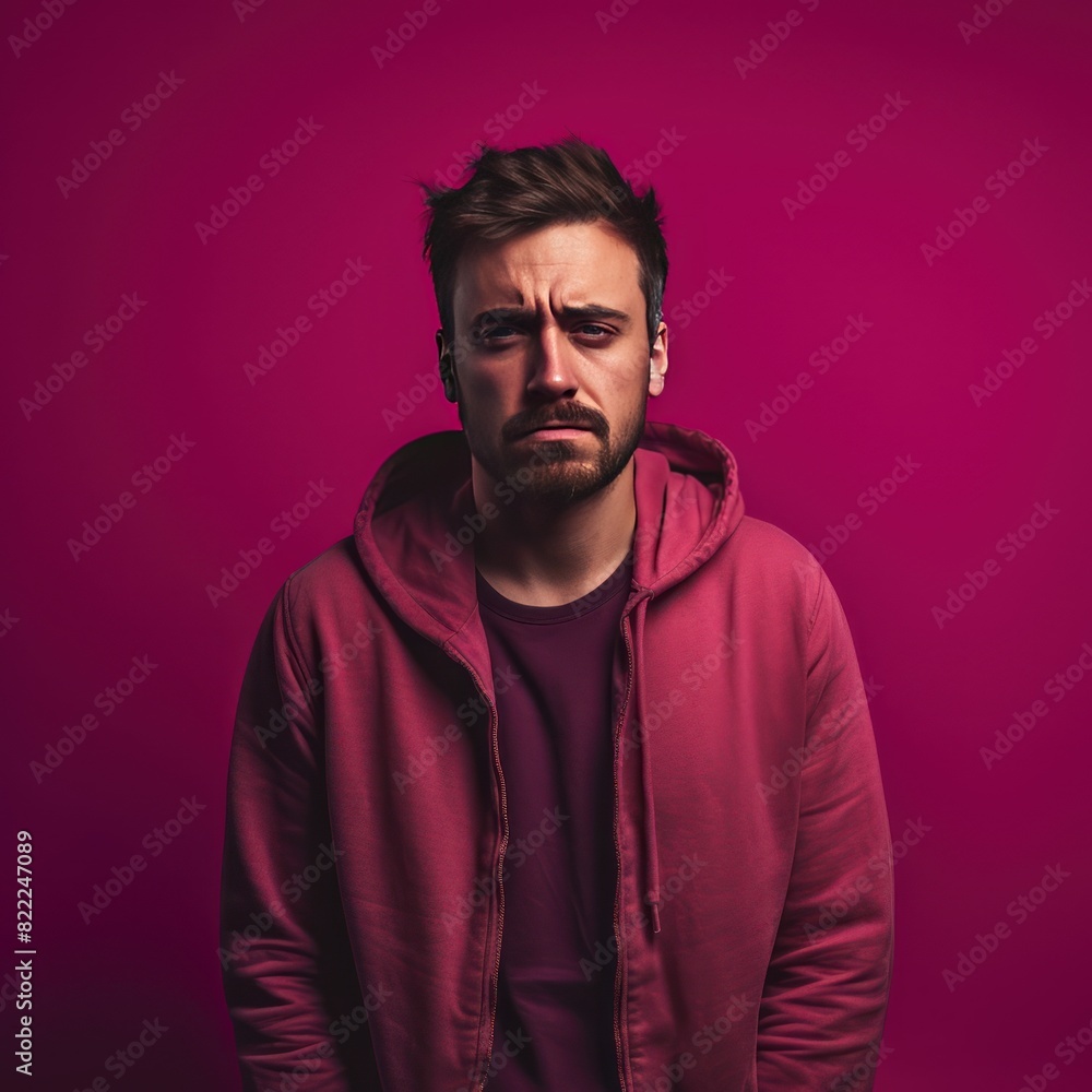Magenta background sad european white man realistic person portrait of young beautiful bad mood expression man Isolated on Background depression anxiety