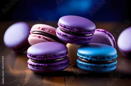 Close-up of blue and purple macaroons lying on a table on an isolated background
