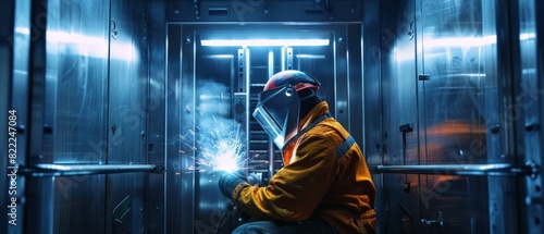 A welder works on a project in a factory. photo