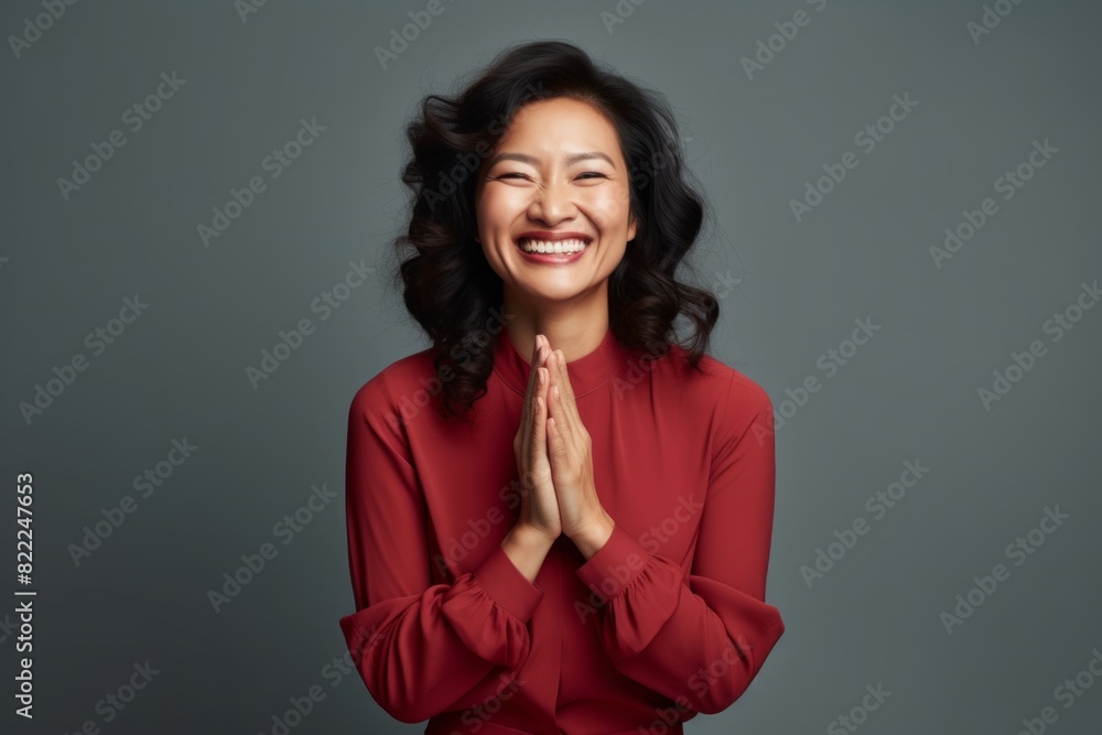 Portrait of a smiling asian woman in her 40s joining palms in a gesture of gratitude while standing against blank studio backdrop Portrait of a smiling asian woman in her 40s joining palms in a gesture of gratitude while standing against blank studio backdrop