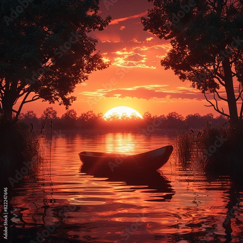 Cute 3D graphic of a scenic sunset over a tranquil lake, with a small boat and silhouetted trees in the background