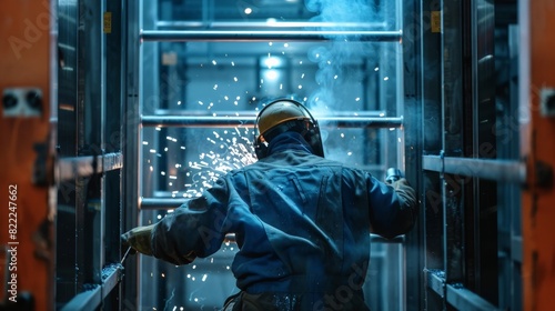 Industrial worker welding metal in factory