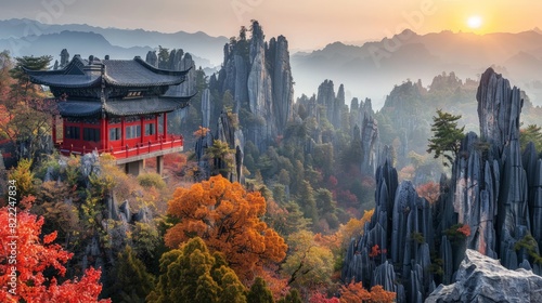 Shilin Stone Forest in Yunnan, towering limestone formations, surreal landscape, natural wonder  photo