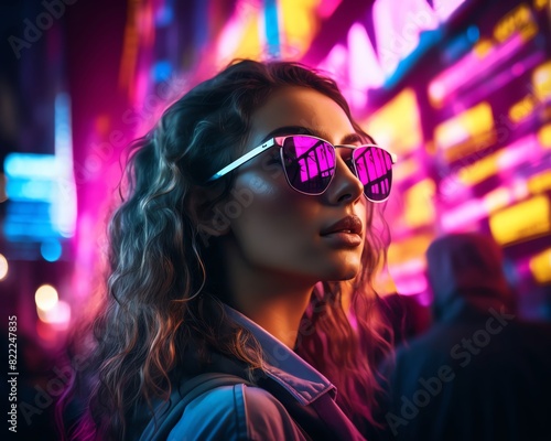 Fashionable woman with sunglasses in neon city lights at night, showcasing trendy urban style and vibrant nightlife vibes.