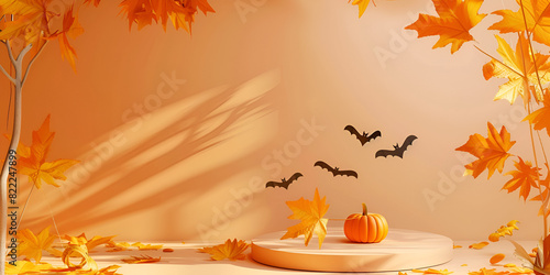 A 3d model of a halloween display and pumpkins rendered on an orange background