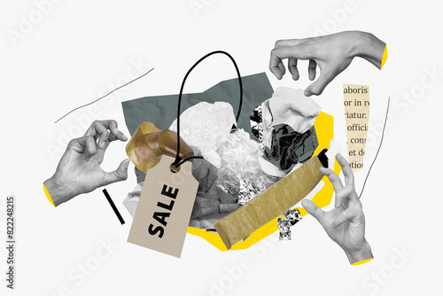Konstfotografi Creative image collage human hands take rubbish garbage plastic sale discount lo