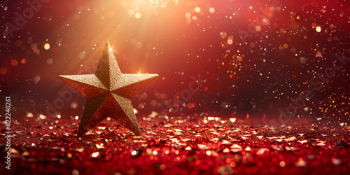 Golden star and glitter light with ornament shines on a red glittery surface, surrounded by golden bokeh lights background