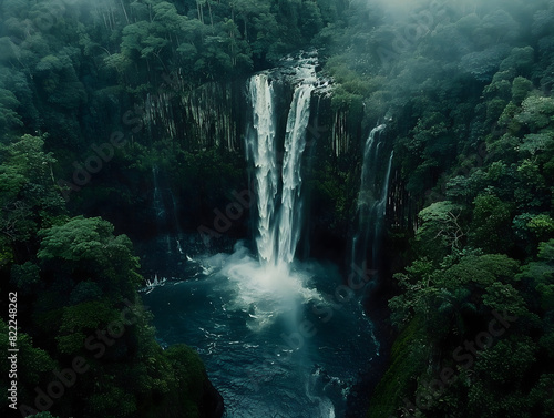 A breathtaking aerial shot of a vast  cascading waterfall surrounded by lush rainforest  showcasing the raw beauty and power of La Nina s impact on the natural world.