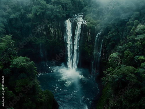 A breathtaking aerial shot of a vast, cascading waterfall surrounded by lush rainforest, showcasing the raw beauty and power of La Nina's impact on the natural world.