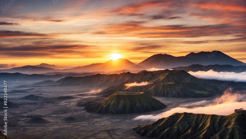 There is a beautiful landscape image of a mountain range with the sun rising behind it. The sky is a gradient of orange and yellow, and the mountains are green and lush.

