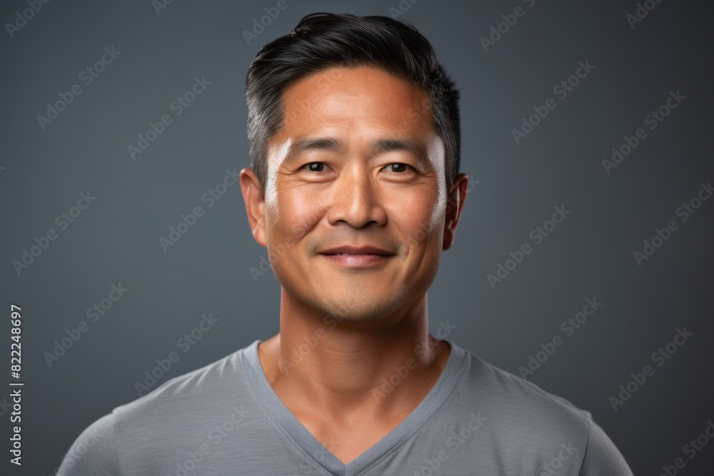 Portrait of a glad asian man in his 40s smiling at the camera over blank studio backdrop Portrait of a glad asian man in his 40s smiling at the camera over blank studio backdrop