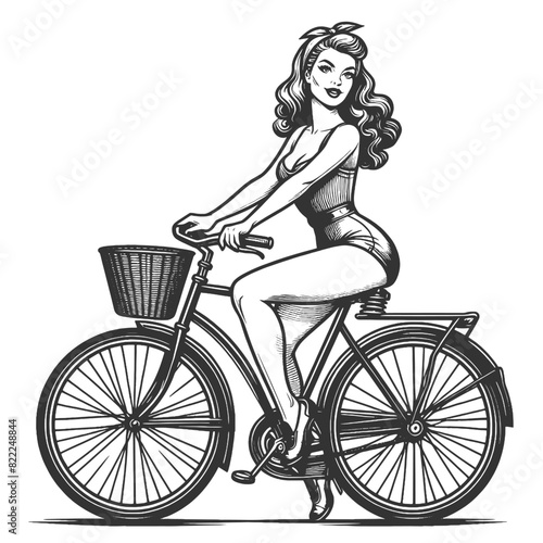 woman riding a classic bicycle, dressed in a chic outfit with heels sketch engraving generative ai fictional character vector illustration. Scratch board imitation. Black and white image.