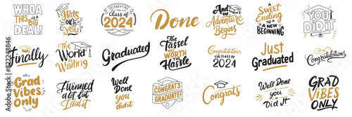 Collection of graduation quotes. Congrats graduates, class of 2024. Hand drawn vector art.